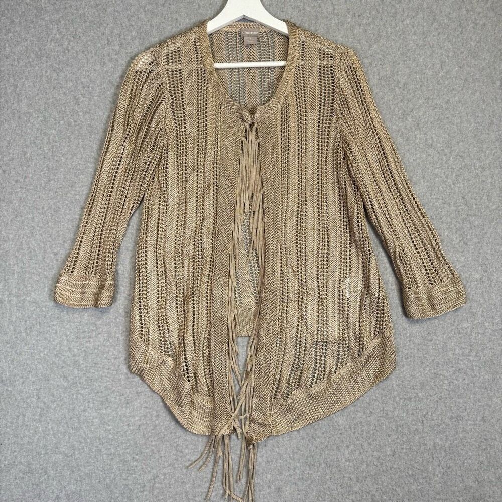 Chico's Size 1, US Size Medium Brown Knit Tapestry Open Front Cardigan Sweater